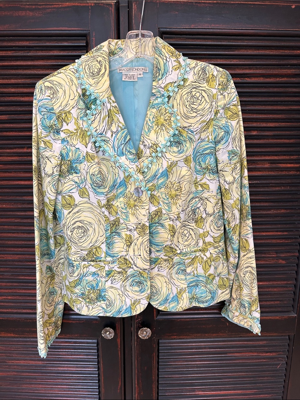 Maggy London Floral Print Blue Green Cream Jacket